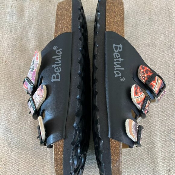 Birkenstock By Betula Woman's Black/Floral Festival Leather Sandles Sz 6 - Picture 1 of 11